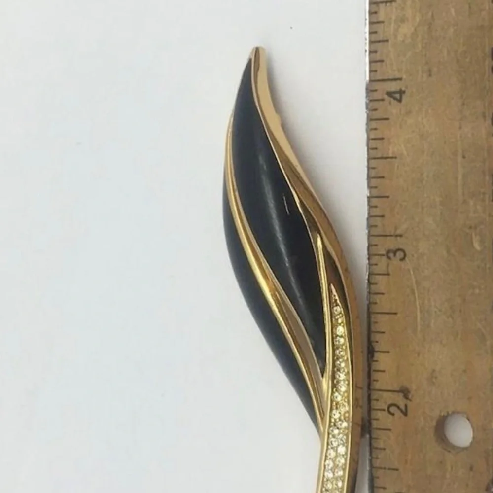 Vintage Christian Dior Swarovski Crystal Leaf Black Enamel Brooch - Picture 6 of 8